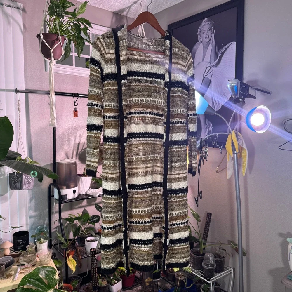 Forever‎ 21 Striped Hooded Open Front Long Cardigan Sweater Women Small